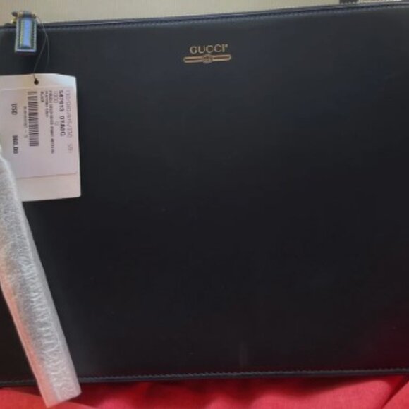 CLASSIC GUCCI SMOOTH BLACK CALF LEATHER POUCH BAG WRISTLET GOLD - Picture 5 of 5